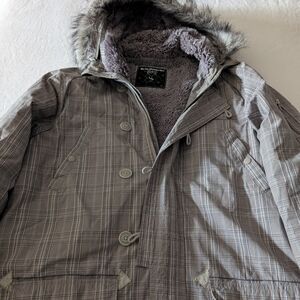Quiksilver Gray Plaid Jacket with Faux Fur Hood